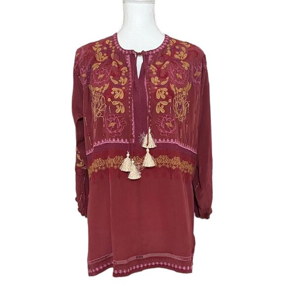 Johnny Was NEW Peyton Silk Blouse Long Slv Embroidered Sz S Tasseled Oversized - Picture 2 of 9